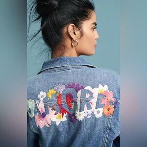 Pilcro Amore Women Blue Denim Jacket Size S Embroidered Distressed Cotton